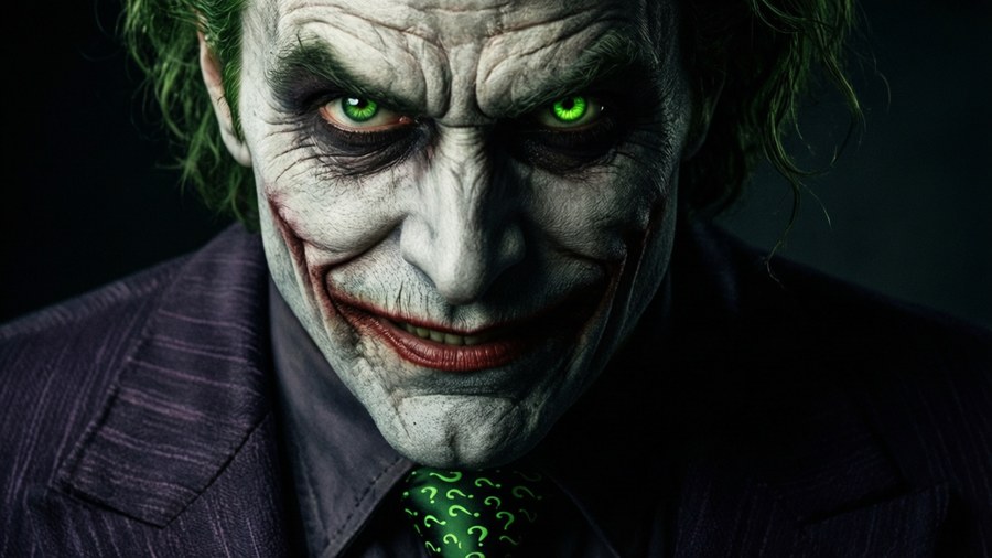 Close-up portrait of Riddler with half-lit face and green eyes.