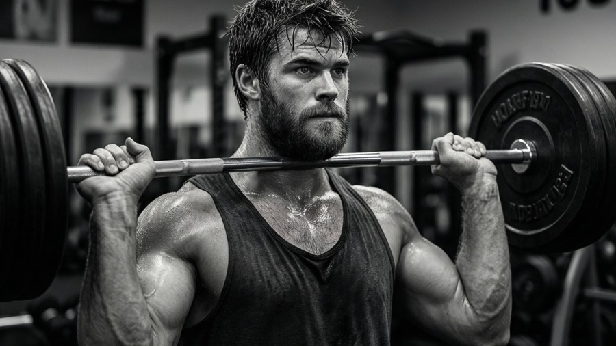 Liam Hemsworth die gewichten optilt in een zwart-witte sportschoolscène.