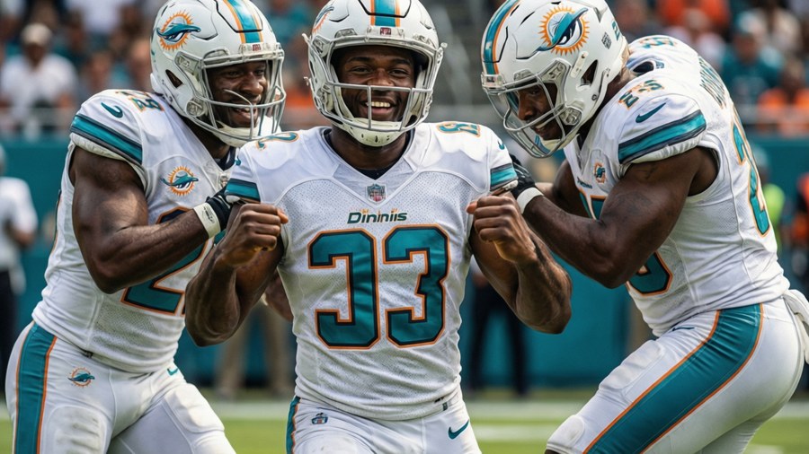 Jevon Holland celebrating an interception with teammates in bright sunlight