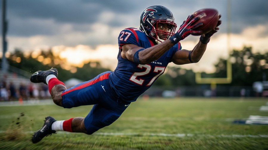 A dynamic action shot of Jessie Bates III leaping for an interception at sunset.