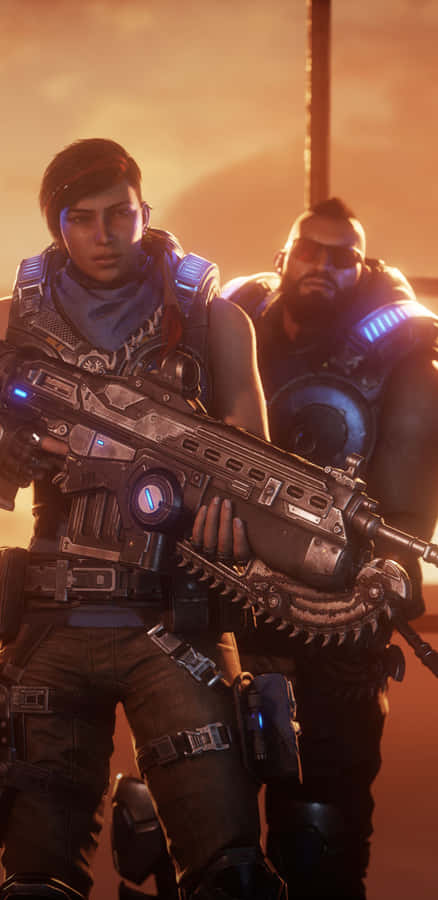 Kait og Faz iPhone XS Gears of War 5 Baggrund: billeder af komplekse maskiner, glødende orme i baggrunden.
