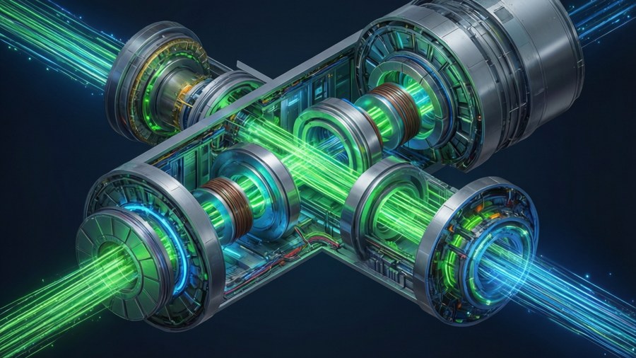 En ren isometrisk 3D-illustrasjon av innsiden av en partikkelakselerator