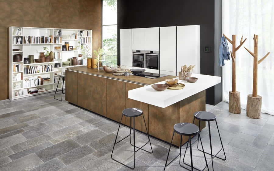 Einemoderne Küche mit braunen und weißen Wänden