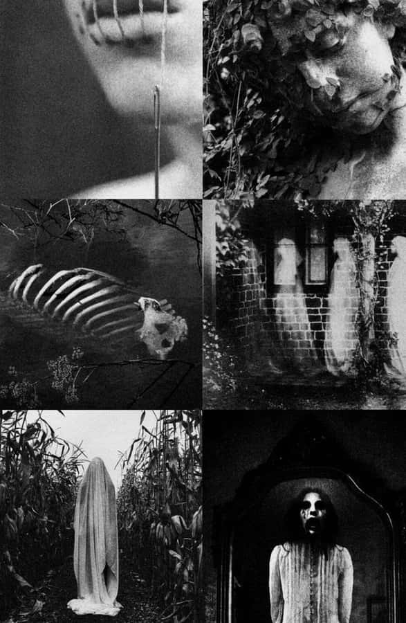 Etcollage af sort-hvide billeder af en kvinde med et skelet.