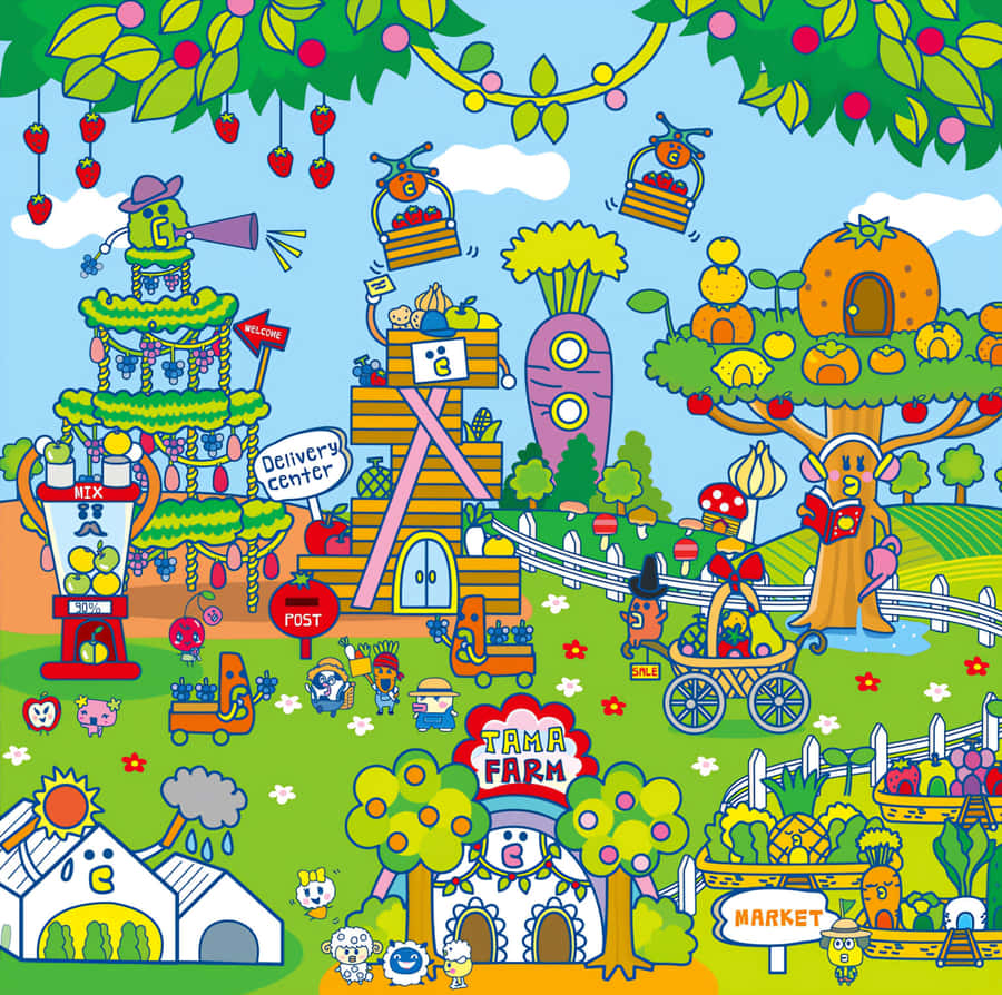 Kleurrijke Tamagotchi Dorp Illustratie