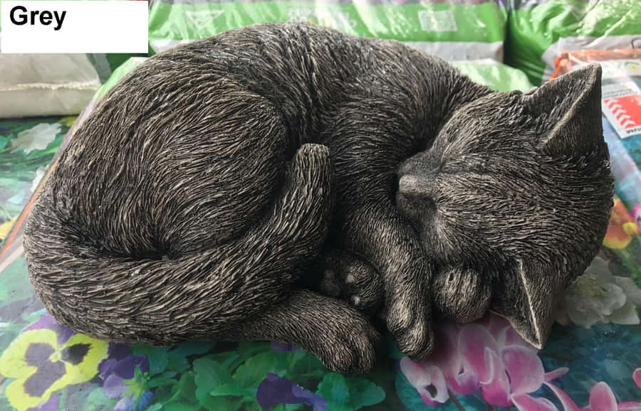 En katte statue sidder på et bord i en have.