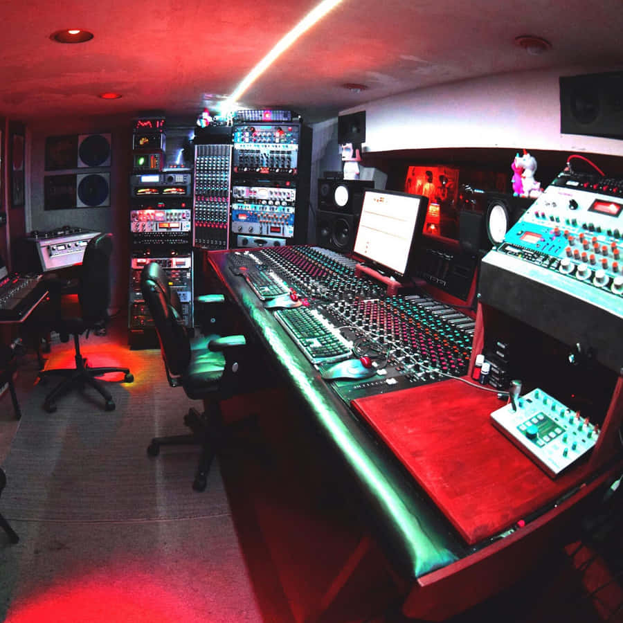 Umestúdio de gravação com muito equipamento.