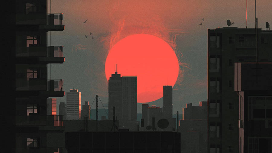 Japan City Sunset In Digital wallpaper