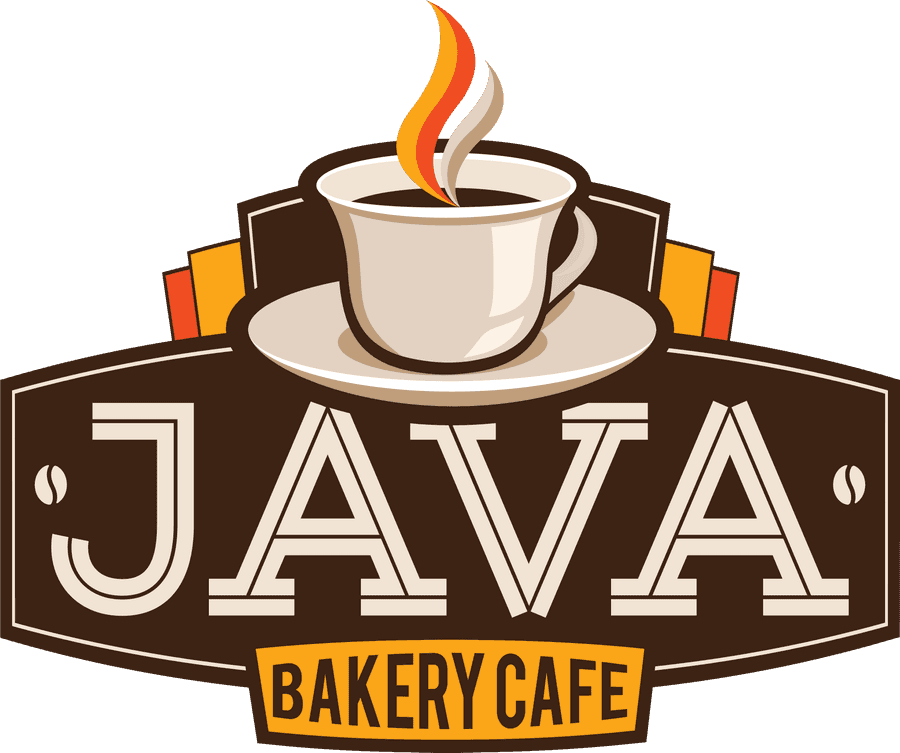 Java Bakery Cafe Logo PNG — A stylized logo for Java Bakery Cafe featuring a steaming coffee cup above bold lettering with warm brown orange and cream colors.