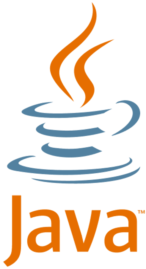 Java Programming Language Logo Transparent PNG — A stylized blue coffee cup with orange steam rising above the word Java in orange text on a black background.