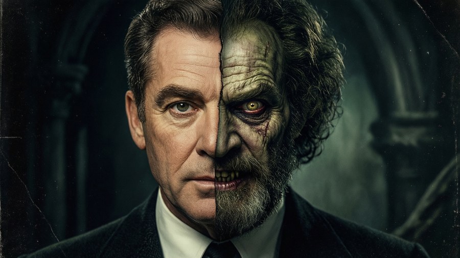 Spencer Tracy's dual role in Dr. Jekyll and Mr. Hyde presented as a split face portrait.