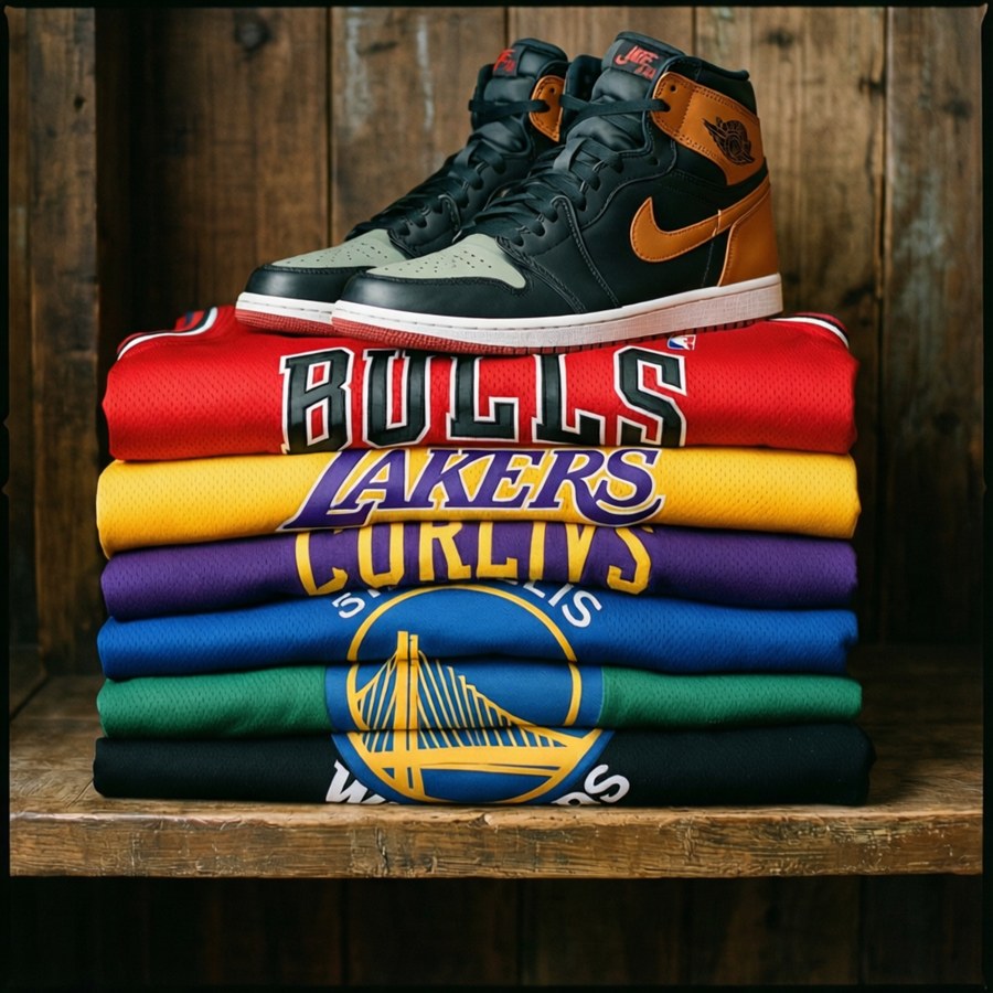 Folded NBA jerseys and Jordans on wooden shelf