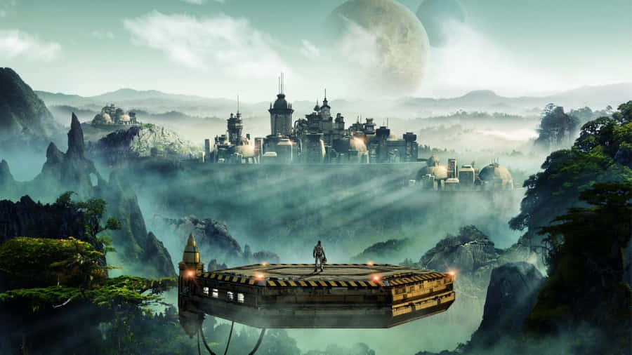 EineFantasiewelt mit einem Schloss im Himmel