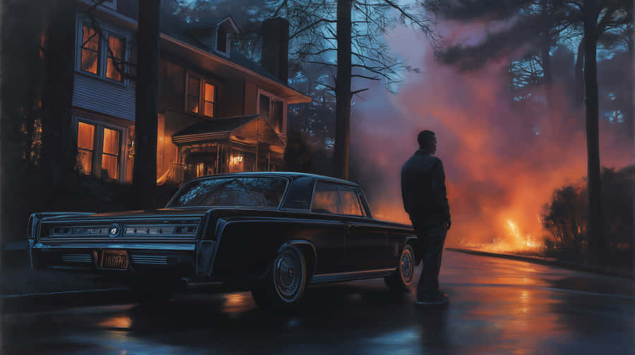 fire,suburban,night,car,vintage,drama,mystery,house,street,moody,danger,contemplation,abandoned,event,cinematic