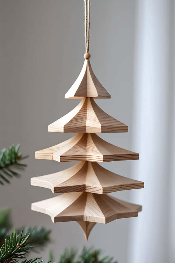 wooden,christmas,ornament,tree,modern,minimalist,tiered,light,wood,string,bead,hanging,neutral,background,greenery,natural,decor,holiday,festive,home