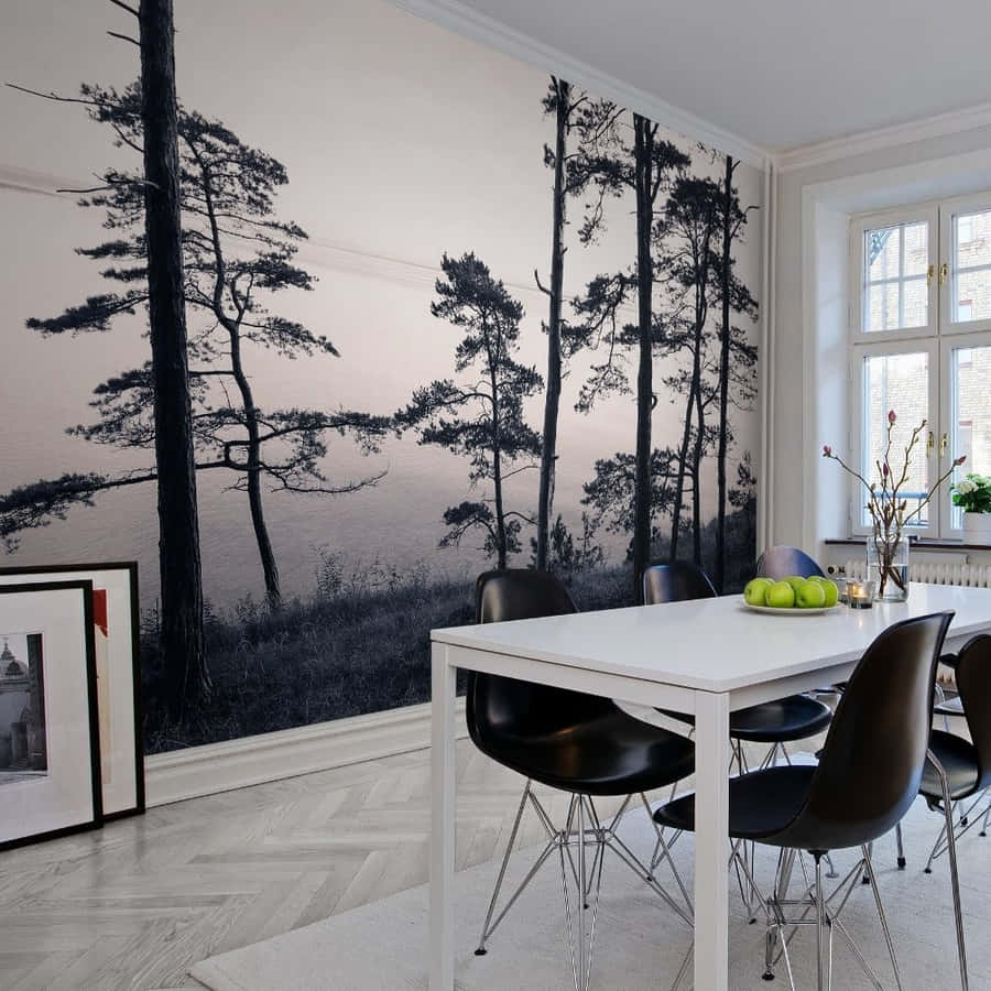 Mural de Silhueta de Floresta na Sala de Jantar