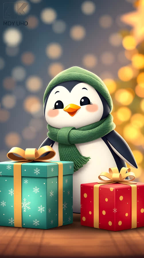 cute penguin,green hat,gift boxes,festive scene,holiday cheer,snowy background,bokeh lights,winter magic,christmas wallpaper,4k wallpaper