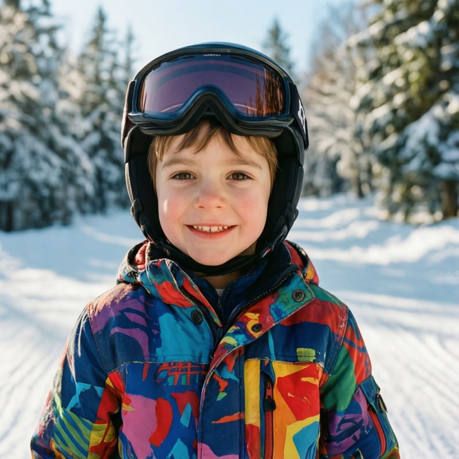 Happy child skier portrait with snowy backdrop