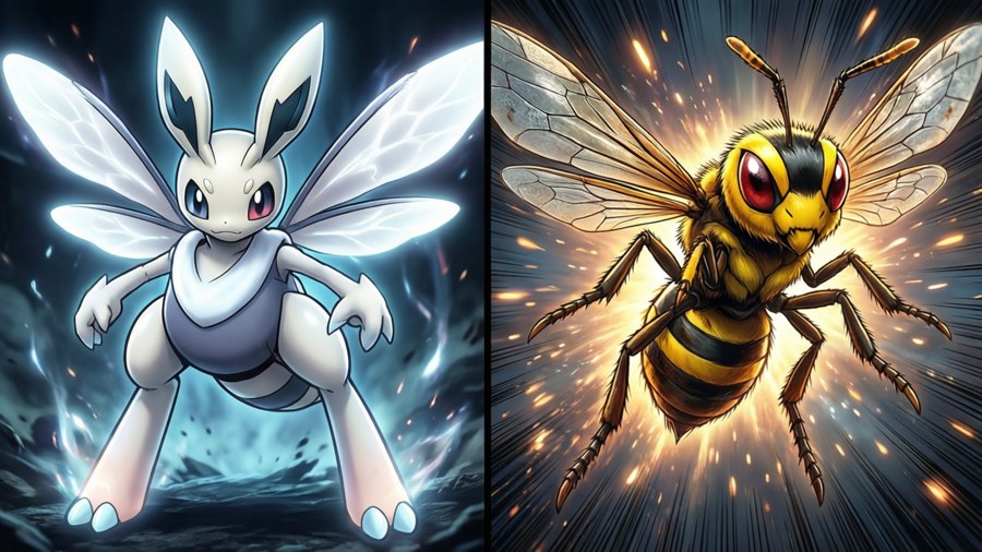 Kakuna evolving into Beedrill in a dynamic split composition.