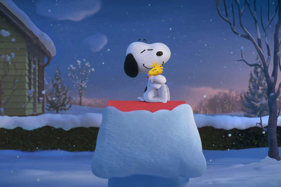 Snoopy und Woodstock Winterumarmung