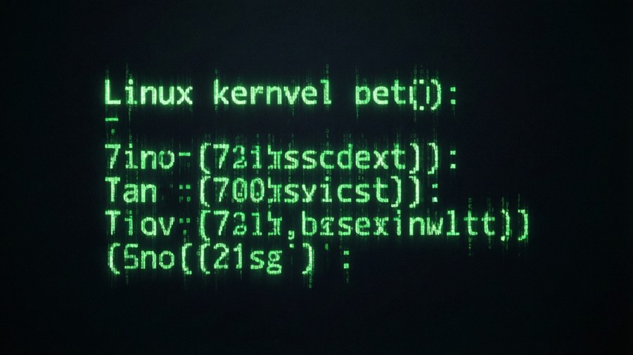 Glowing green terminal text on dark background showing Linux kernel boot messages.