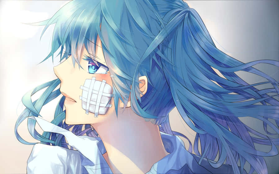 Personagem de Anime com Cabelo Azul e Expressão Triste