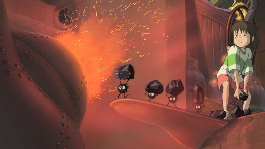 Chihiro e os Espíritos de Fumaça na Sala de Caldeira