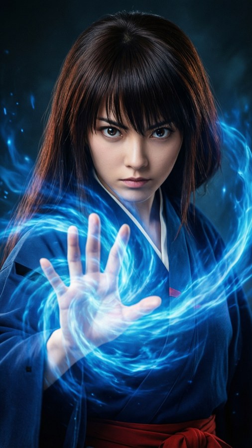 Rukia casting a Kido spell with blue energy