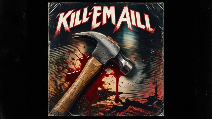 Gritty wallpaper with hammer and blood splatter inspired by Kill 'Em All album.