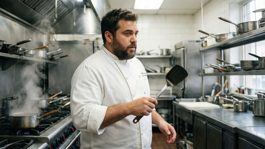 Jonah Hill as a chef in a busy kitchen, intense and focused.