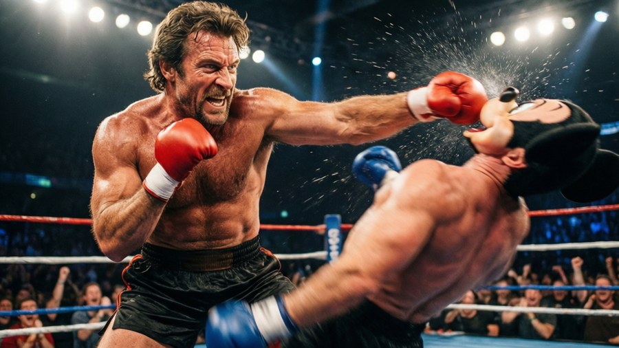 Action shot of Mickey Walker landing a decisive punch in the ring.