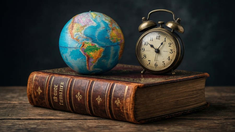A dictionary with a globe and clock.