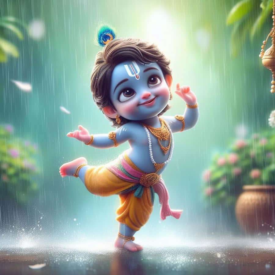 Lord Krishna Animato che Si Divertono sotto la Pioggia