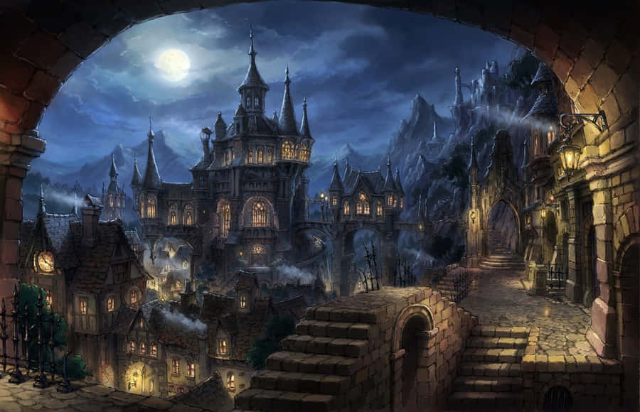 Mondbeschienene mittelalterliche Fantasystadt