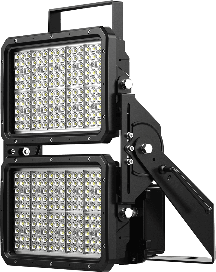 L E D Stadium Lights Array PNG — Two black rectangular LED floodlights with adjustable arms and visible screws against a stark black background.