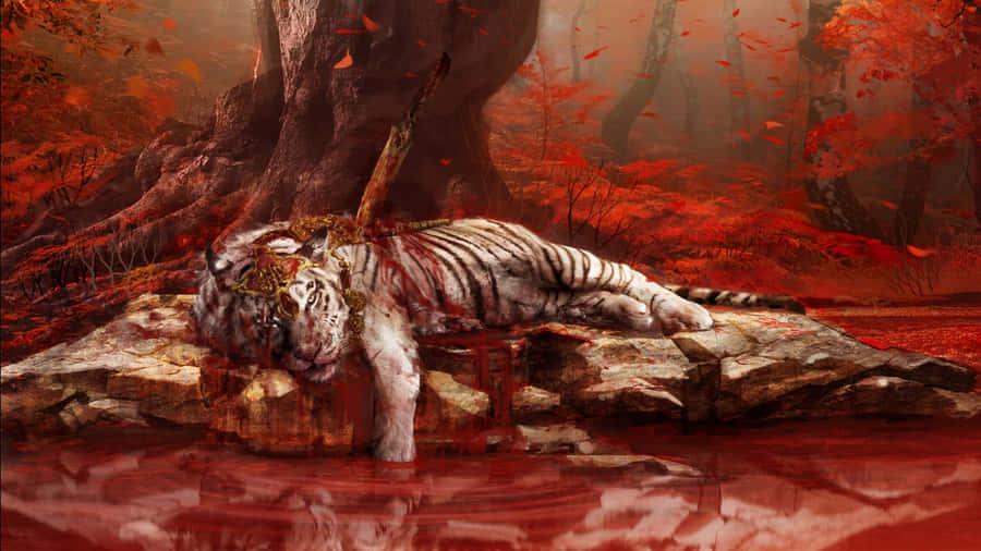 1366x768Far Cry 4 Hintergrund Blutiger sterbender Tiger