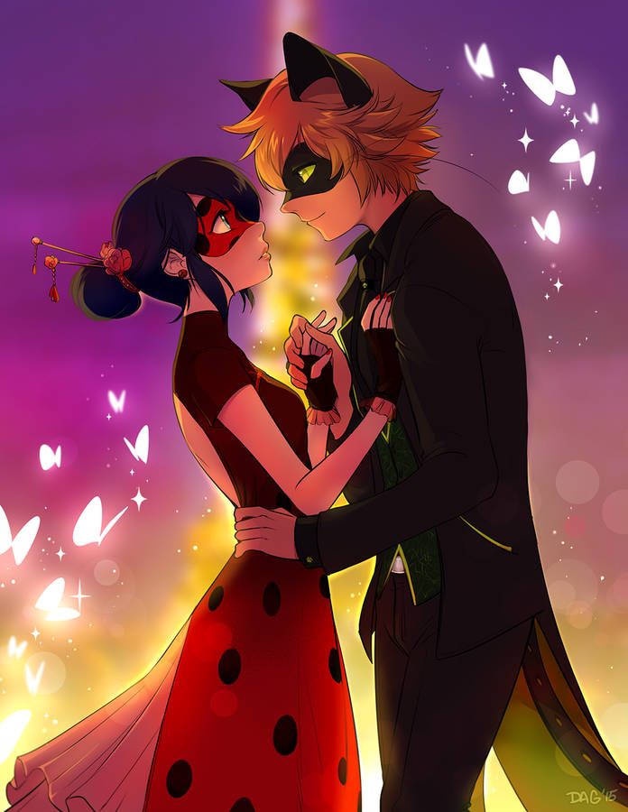 Download Ladybug And Cat Noir Kiss Butterflies Wallpaper | Wallpapers.com