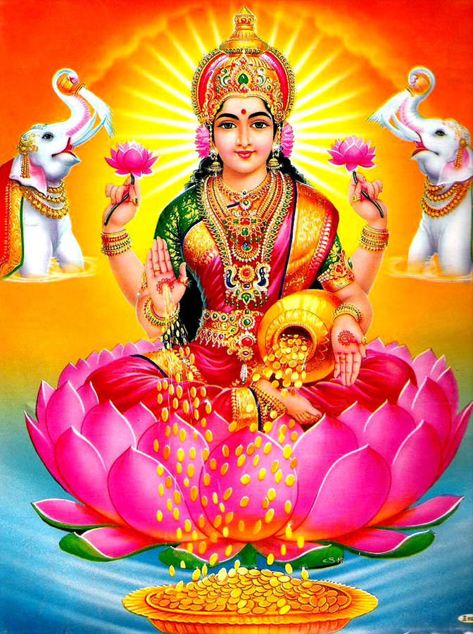 Download Lakshmi Devi With Coins Orange Background Wallpaper ...