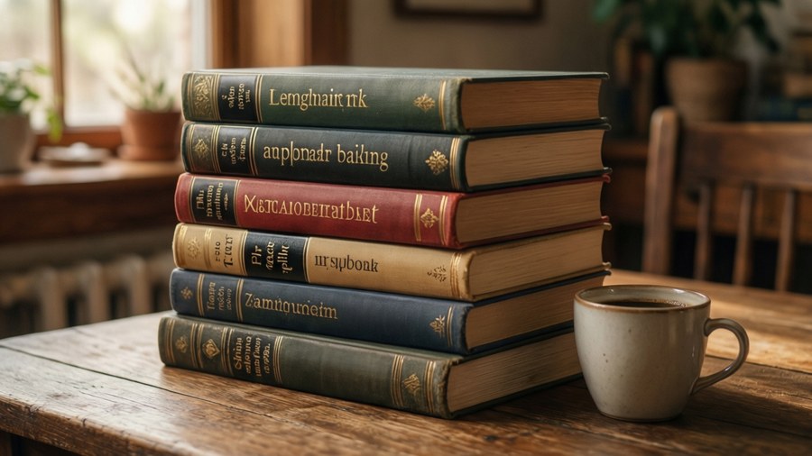 Cozy wallpaper of a stack of multilingual books with coffee, warm lighting, wooden table.