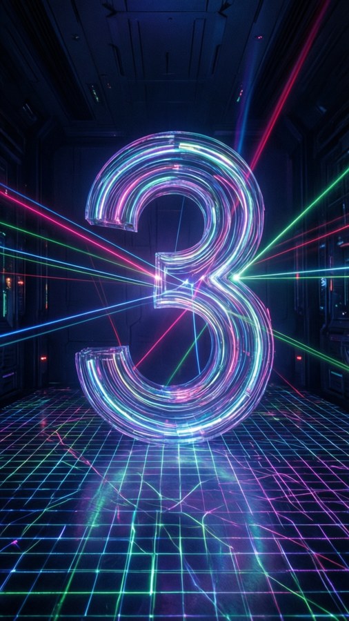 A glowing number 3 in a dark sci-fi corridor with laser beams.