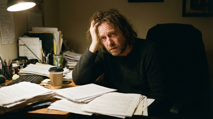 A tired man sits at a cluttered desk surrounded by papers and a coffee cup under a lamp.