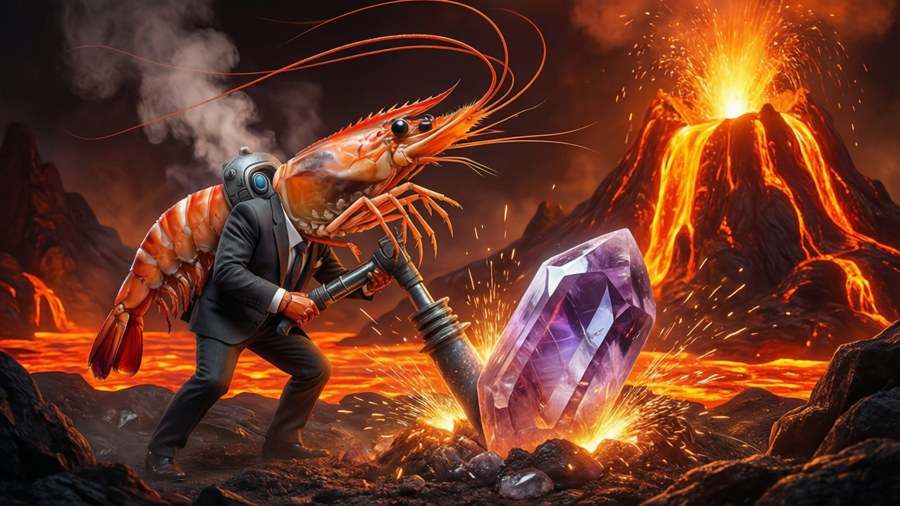 Prawn Suit mining Kyanite in Subnautica's Inactive Lava Zone