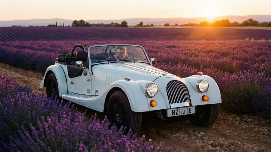 White Morgan Roadster driving through lavender fields at sunset