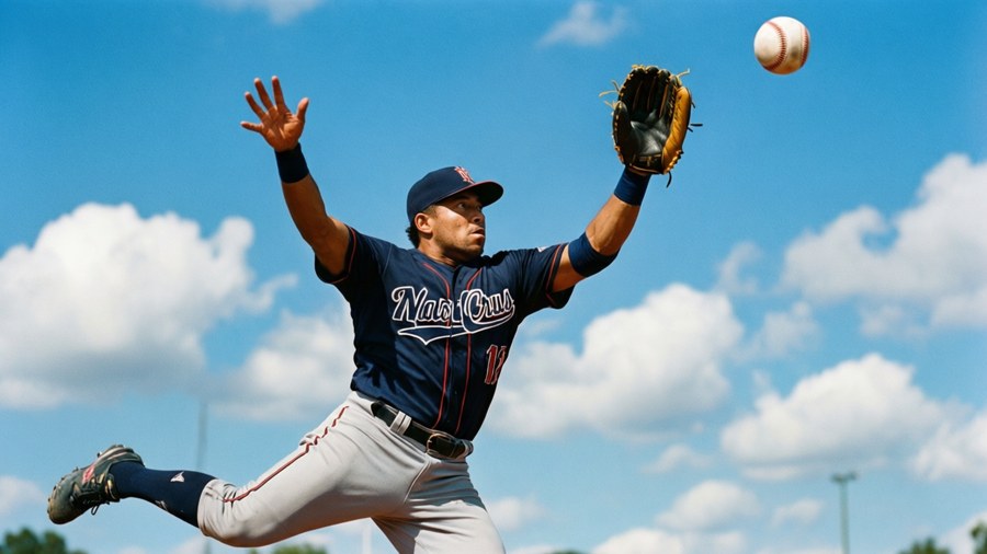 Oneil Cruz jumping high to catch a ball, with blue sky and clouds as background.