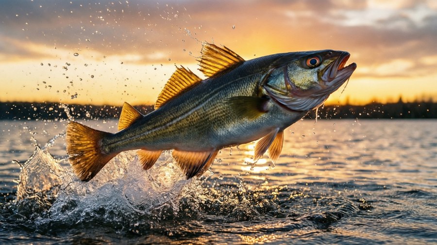 Haddock fish jumping with water splashes at sunset