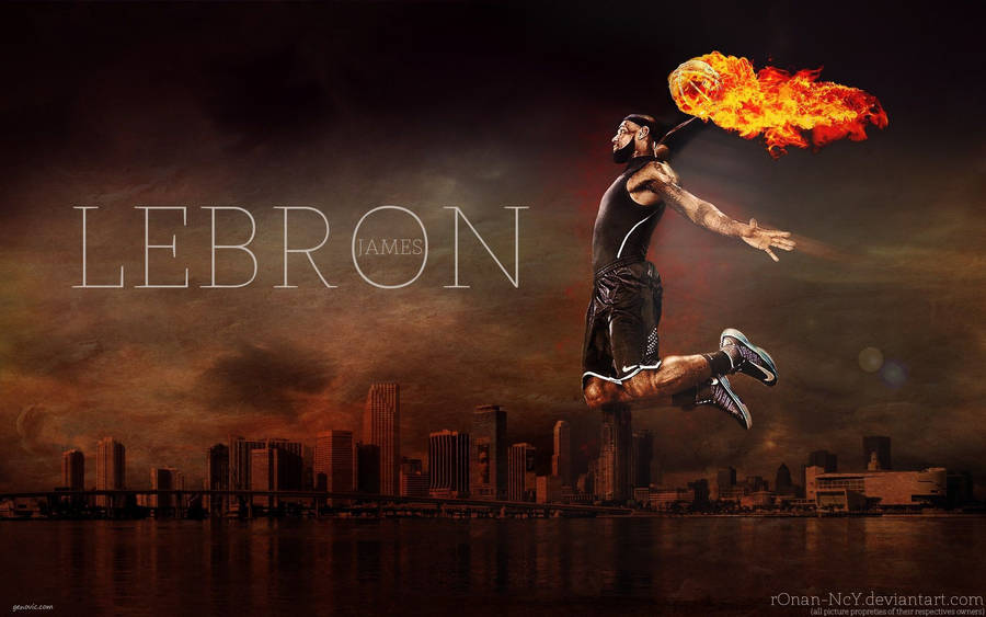 Lebron James doing a slam dunk with a ball on fire wallpaper