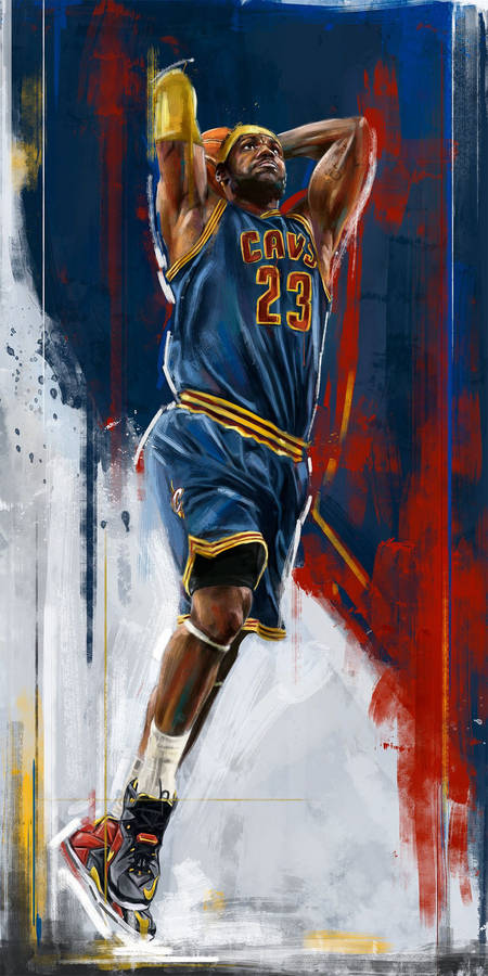Lebron James in NBA Cavs 23 jersey doing a slam dunk digital art wallpaper