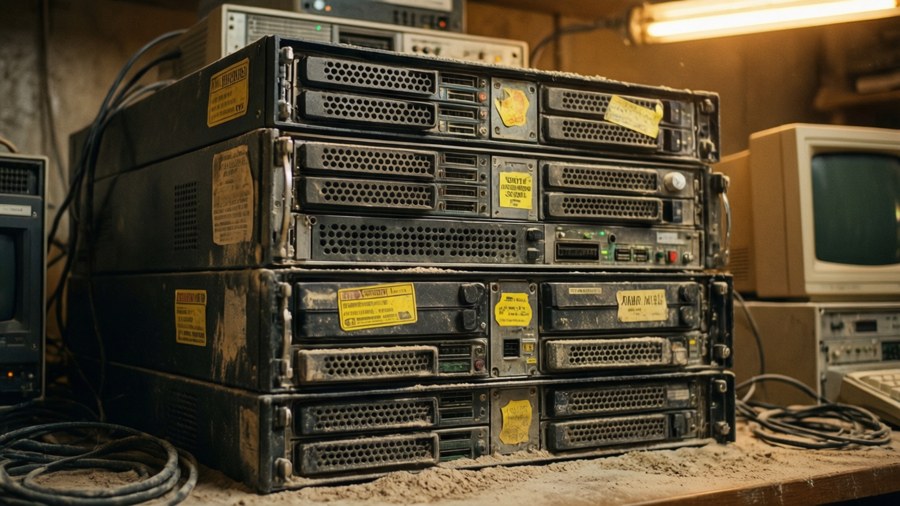 A dusty stack of old legacy servers with vintage stickers.