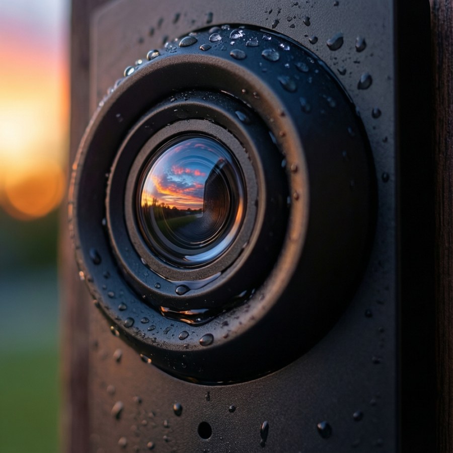 Macro close-up of Ring Doorbell lens reflecting sunset with dew drops.