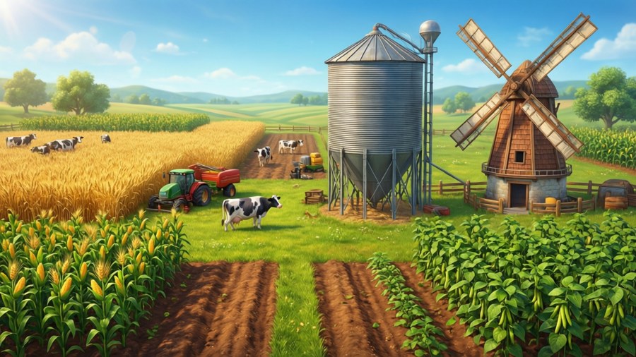 Une ferme Hay Day de haut niveau avec des récoltes et des animaux abondants.